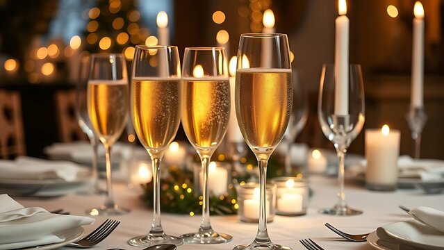 nonessential. Festive dining table with golden spumante and candlelight in luxurious atmosphere. menu design, packaging mockups, designed for food delivery and cloud-kitchen brand materials.