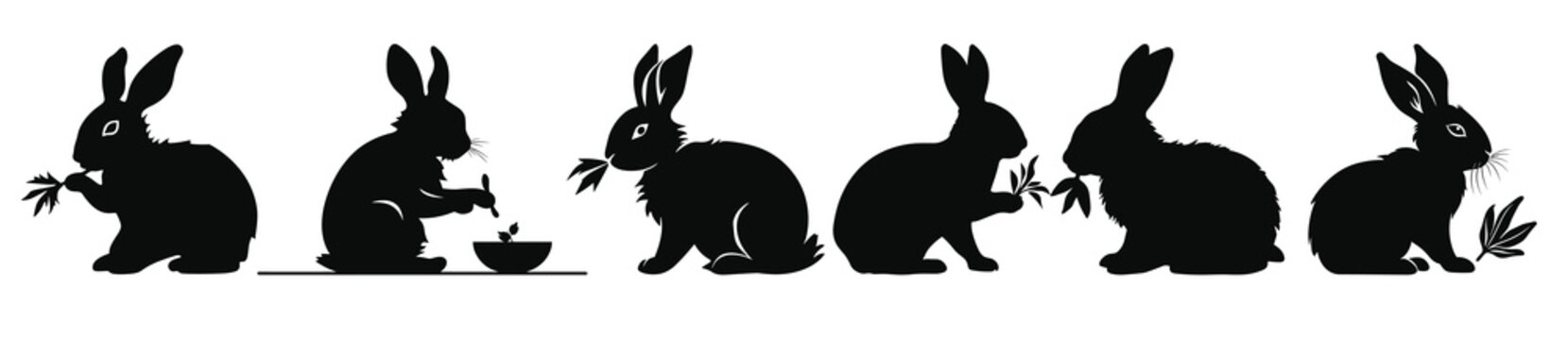 bunny eating silhouettes vector set rabbit black clipart