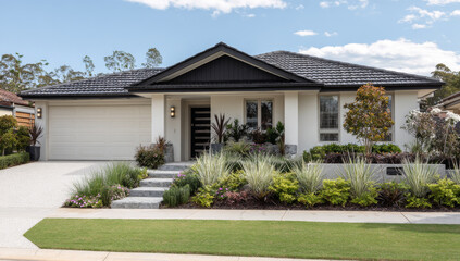 Modern from oceanian country home with well-maintained front yard featuring landscaping, lawn, steps, and driveway under a blue sky