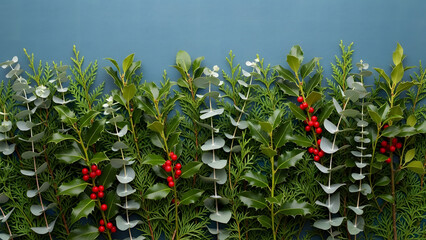 Red and green holly bush leaves and berries in nature garden during the autumn season