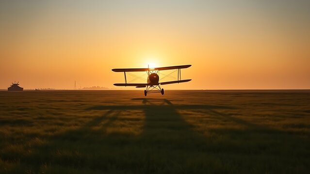 sardonyx. Early biplane flying over grassy field at dawn, long shadow sweeping across the ground. mobility guides, transit brochures, designed for transport & logistics marketing.