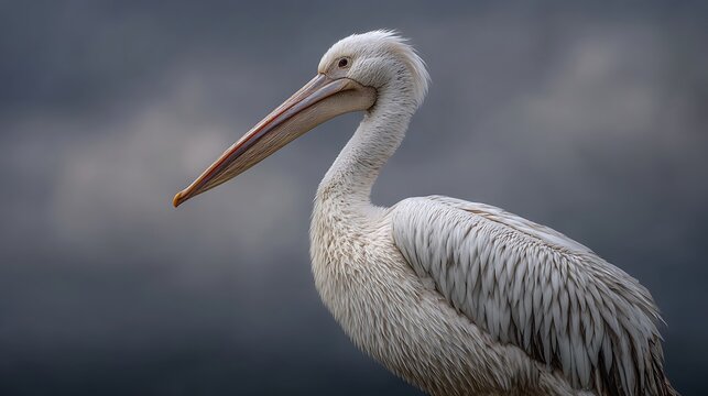 White pelican bird on the beach with a big bill, capturing nature and wildlife by the sea water