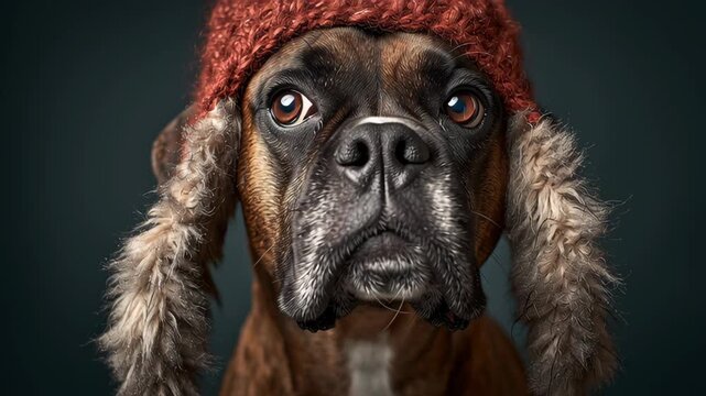 A dog wearing a red hat and fur cap. The dog has a sad expression on its face. Boxer with soft fluffy winter hat, cute christmas mood