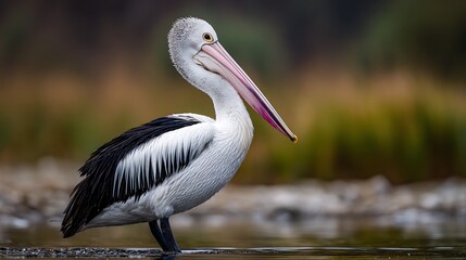 White wild bird, the Dalmatian pelican, portrait on the beach near water