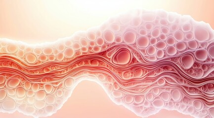 Abstract organic structure with layered, flowing, translucent red and pink shapes and bubble-like spheres creating a soft, fluid texture