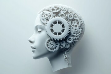 Side profile of a human head sculpture with visible intricate mechanical gears and cogs integrated into the brain area symbolizing cognitive processes and artificial intelligence