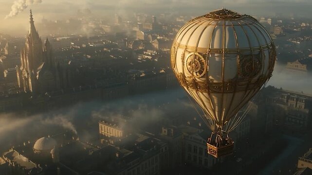 Steampunk Hot Air Balloon Soars Over a Misty Victorian Cityscape.