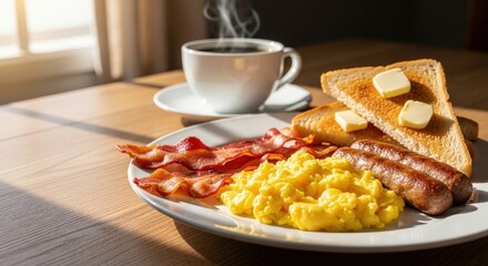 Delicious Breakfast Plate Scrambled Eggs, Bacon, Sausage, Toast & Coffee