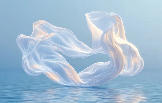 Soft translucent fabric floating gracefully above calm water with delicate light reflections creating a serene and ethereal atmosphere