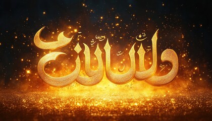 Glowing golden Arabic calligraphy with sparkling light particles on a dark background conveying a mystical and radiant atmosphere