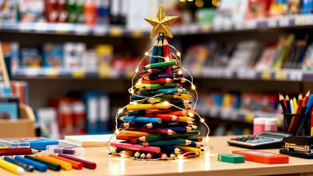 colorful pencil christmas tree on desk, twinkling garland lights wrapped around stacked colored pencils, star topper, scattered markers and erasers, blurred bookshop shelves in background, warm.