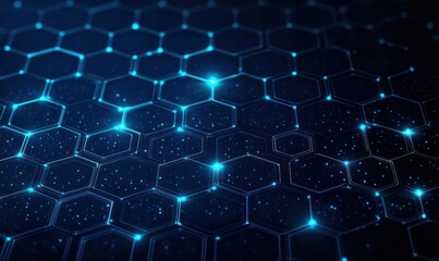 Obraz premium Close-up of an illuminated futuristic hexagonal grid pattern with glowing blue lights on a dark background conveying a sense of advanced technology and digital connectivity