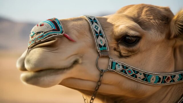 Ornately Decorated Camel Close-Up at the Bikaner Festival, Rajasthan, India Highlighting Traditional Embellishments and Desert Landscape