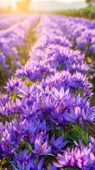 Obraz premium Saffron crocus flowers in purple fields at sunrise for phone wallpaper