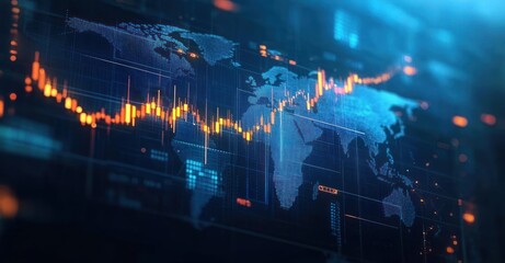 Digital world map with glowing financial chart and fluctuating data visualization representing global market trends and analytics