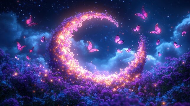 Glowing crescent moon made of sparkling flowers surrounded by vibrant pink butterflies flying over a dense purple flower field under a starry night sky with clouds - Powered by Adobe