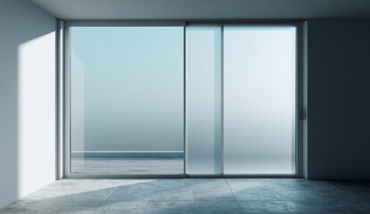 Modern large aluminum sliding door with frosted glass panels in minimalist interior space