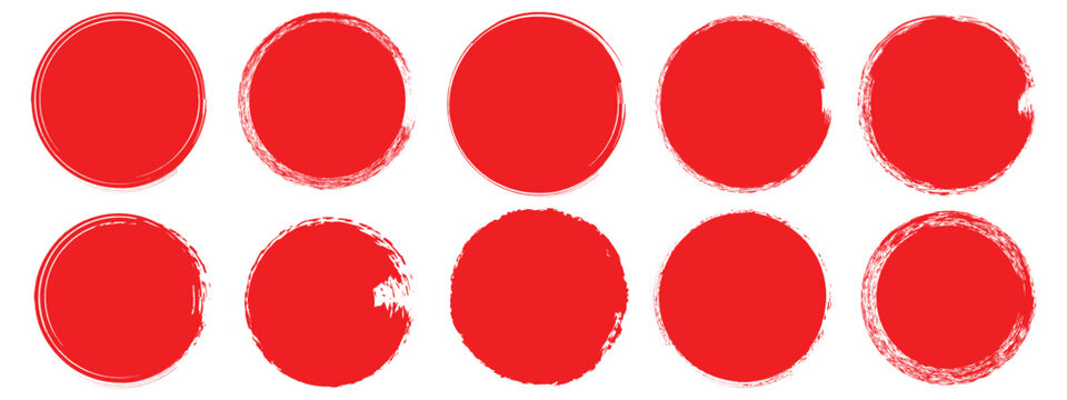 Set of red grunge circles shapes on a white background. Grunge round shapes.Japanese and chinese calligraphy round shapes. Red stamp vector.