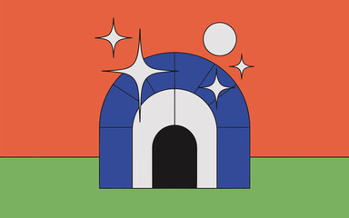 Fototapeta premium Colorful, geometric archway, abstract building, decorative entrance, vibrant illustration