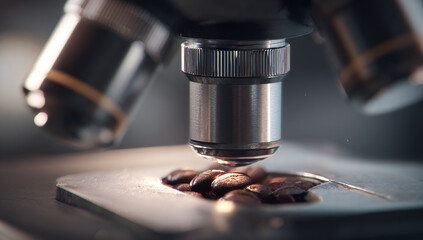 Modern microscope focusing on roasted coffee beans with textured metallic tablet device and detailed lens, revealing text in a scientific or industrial setting