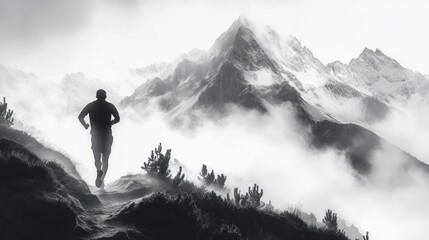 silhouette of a person running along a foggy mountain trail with towering snow-capped peaks in the background under a cloudy sky conveying a sense of solitude and determination