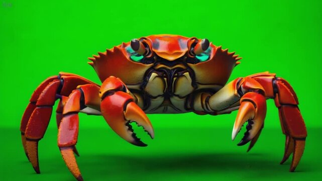 Close up of a cartoon crab with orange shell and claws against a green background view from the front crab green screen video