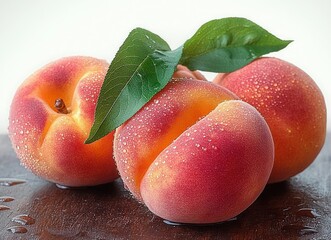 Three fresh ripe peaches with visible water droplets and green leaves on a dark wooden surface