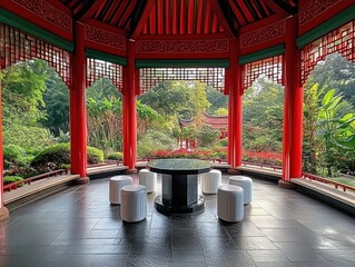 Empty traditional gazebo with bright red pillars and white stools surrounding a central table overlooking lush green garden with trees and colorful plants under a serene sky