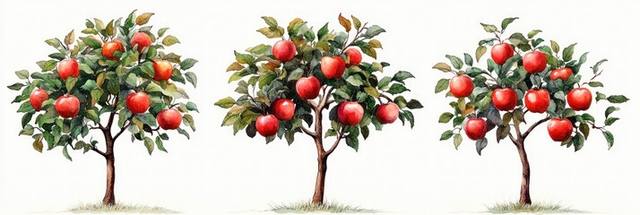 Three apple trees with lush green leaves and numerous ripe red apples hanging from their branches set against a clean white background