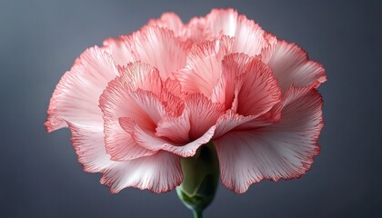 Close-up of delicate pink and white carnation flower with ruffled edges and fine red lines on petals against soft gray background