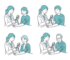 血圧測定のバリエーションイラストセット（全年齢・男女）