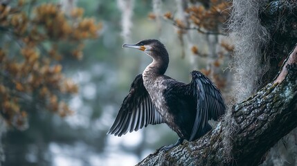 Naklejka premium Great blue heron with grey and blue feathers standing in a forest setting near water, capturing its wildlife nature and long beak
