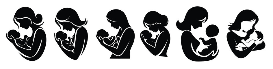 A Set Of Six Black Silhouette Icons Depicting Mothers Lovingly Holding Their Babies.