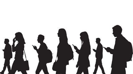 Obraz premium Silhouette of people using mobile phones walking in a row vector illustration isolated on white background