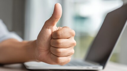 A close-up of a hand giving a thumbs-up gesture, symbolizing approval and positivity in a professional environment with a laptop in the background.