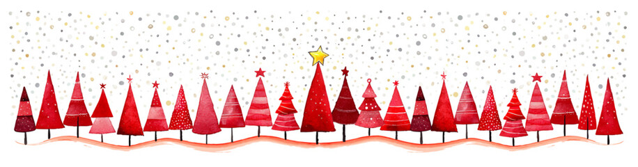 24 red christmas trees and firs in a row for advent calendar web banner, watercolor vector illustration of an abstract christmas background, template for marketing and advertising