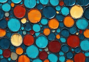 Abstract close-up view of textured circular shapes in varying sizes painted in shades of blue, orange, red, and cream creating a vibrant pattern