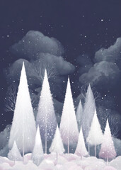 Snow-covered trees rise majestically against a dark, cloudy sky, creating a tranquil winter scene. Soft snowflakes drift gently, adding magic to the peaceful landscape.
