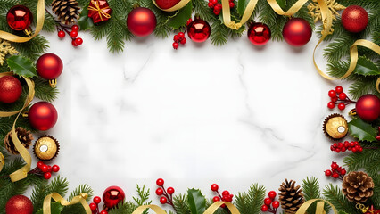 Christmas frame border with fir branches, festive balls, and holiday decoration elements