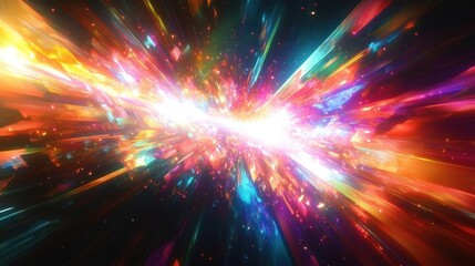 Bright colorful explosion of light and particles radiating outward with vivid streaks of red, orange, yellow, blue, and purple against a dark background