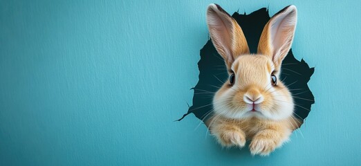 cute light brown rabbit peeking through a torn teal wall with curious expression