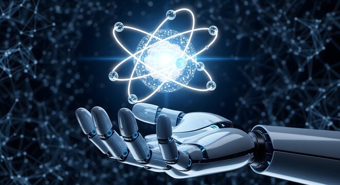 Robotic hand holding glowing atom structure suitable for artificial intelligence and physics science innovation concepts futuristic machine technology art.