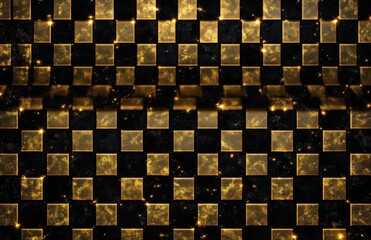 sparkling golden and black checkered pattern with illuminated glowing squares in a grid layout emitting a festive and luxurious ambiance