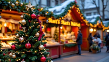 A festive holiday scene with a Christmas tree at its center, adorned with red baubles and lit with lights