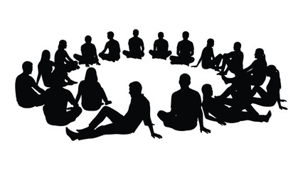 People sitting in a circle silhouette isolated on white background, Vector