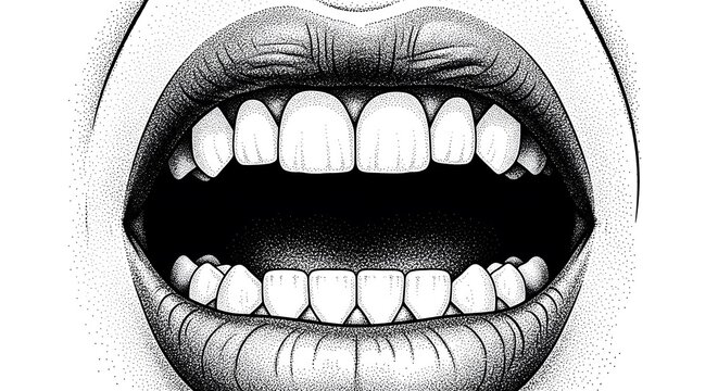Black and white stipple art drawing of open mouth with teeth shouting or screaming graphic illustration suitable for emotional expression and retro artistic design projects.