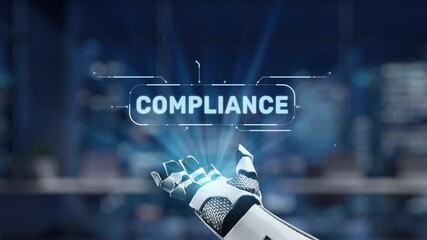 A futuristic representation of compliance featuring a robotic hand and digital elements illustrating governance, policies, laws, and regulations in modern technology. Synapse