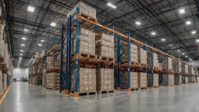 A vast warehouse interior displays pallets of boxes on towering industrial storage racks