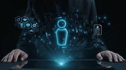 Explore a cutting-edge digital business presentation featuring a holographic interface with various icons, illustrating the intersection of technology and innovation. Qubit - Powered by Adobe