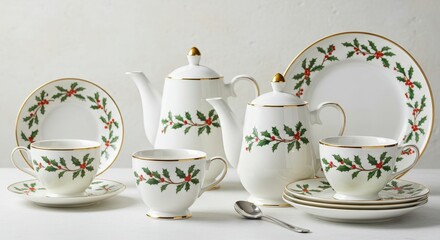An elegant white porcelain tea set decorated with a festive holly and berry pattern on a plain background.